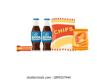 Soda potato chips and chocolate bar snack product set flat vector illustration on white background