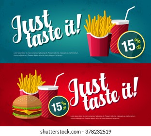 Soda in red paper cup, cheeseburger and french fries in a paper box on red and green backgrounds. Modern premium flat design discount banner with fast food for a site or advertisement.