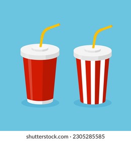 Soda set plastic disposable cup with drinking straw. Fast food carbonated drink.Vector illustration for menu design isolated.