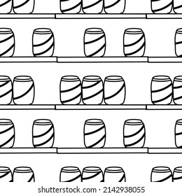 Soda shelf seamless pattern doodle outline vector. Texture for background, menu, booklet, label, print, packaging, merchandise, book, poster, fabric, wrapping, storefront, textile.