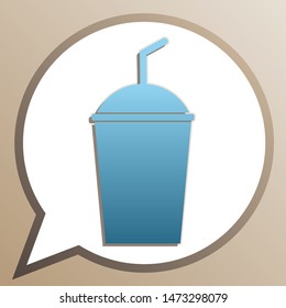 Soda sign. Bright cerulean icon in white speech balloon at pale taupe background. Illustration.