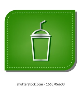 Soda sign. Silver gradient line icon with dark green shadow at ecological patched green leaf. Illustration.