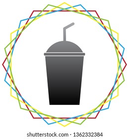 Soda sign. Vector. Black icon with patch of light inside colorful hexagonal frames at white background.