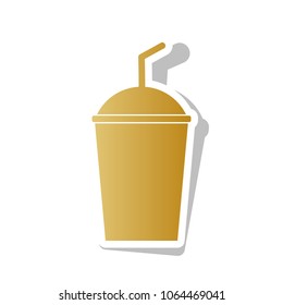 Soda sign. Vector. Golden gradient icon with white contour and rotated gray shadow at white background.