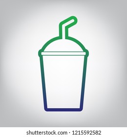 Soda sign. Vector. Green to blue gradient contour icon at grayish background with light in center.