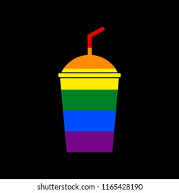 Soda sign. Vector. Icon with colors of LGBT flag at black background.