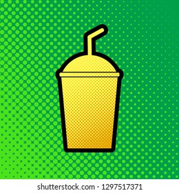 Soda sign. Vector. Pop art orange to yellow dots-gradient icon with black contour at greenish background.