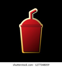Soda sign. Vector. Red icon with small black and limitless shadows at golden sticker on black background.
