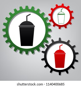 Soda sign. Vector. Three connected gears with icons at grayish background.