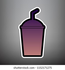 Soda sign. Vector. Violet gradient icon with black and white linear edges at gray background.