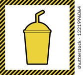 Soda sign. Vector. Warm yellow icon with black contour in frame named as under construction at white background. Isolated.