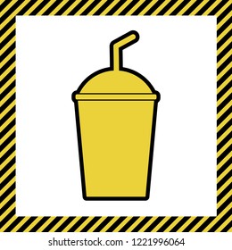 Soda sign. Vector. Warm yellow icon with black contour in frame named as under construction at white background. Isolated.