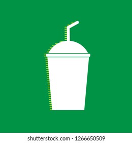Soda sign. Vector. White flat icon with yellow striped shadow at green background.