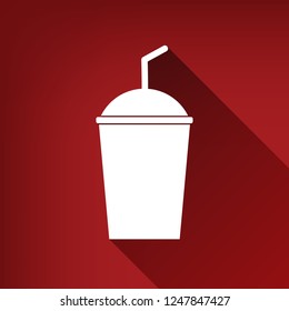 Soda sign. Vector. White icon with limitless shadow at ruby red background.