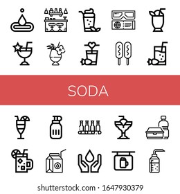 soda simple icons set. Contains such icons as Water, Cocktail, Bar, d movie, Corn dog, Water bottle, Milk box, Bottle, Plastic bottle, Alcohol, can be used for web, mobile and logo