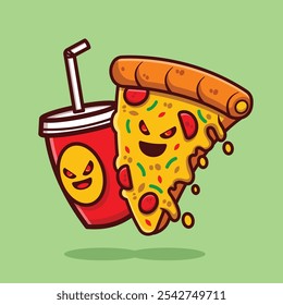 Soda y rebanada de pizza derretida ilustración de dibujos animados