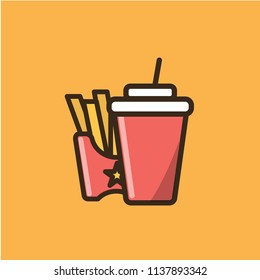 Soda soft drink in a disposable cup with cap and straw and french fries in red carton box. Colorful isolated vector icon in flat style with outline for your project