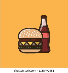 Soda soft drink in a glass bottle and burger sandwich with meet, tomatoes, cheese and salad leaves. Colorful isolated vector icon in flat style with outline for your project