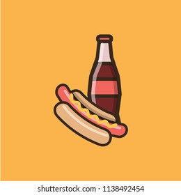 Soda soft drink in a glass bottle and hot dog. Colorful isolated vector icon in flat style with outline for your project