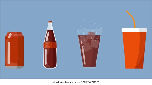 Soda. Soda Soft Drinks Bottle, Can, Glass, Cup Flat Vector Illustration Set. Banner, Poster, Restaurant, Cafe, Bar Menu Design Concept Idea.