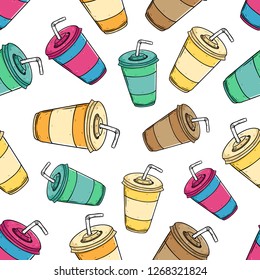soda or softdrink cup in seamless pattern with colored hand drawn style