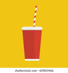 Soda with straw. Painted with flat solid color design. Vector illustration. Cool drink concept icon.