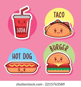 soda with taco with hot dog and burger food kawaii cartoon . vector illustration