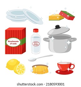 Soda, vinegar and clean dishes vector illustrations set. Box with bicarbonate of soda label, bottle of white vinegar, environmentally friendly home cleaning. Household or housekeeping concept