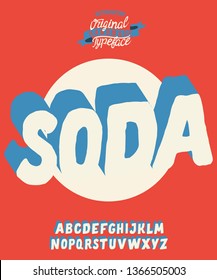 Soda. Vintaage 3D handmade typeface. Vector illustration. Print on clothes, sticker. 