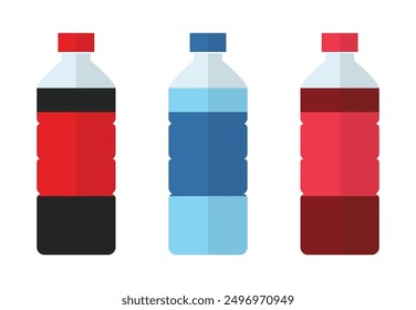 Soda, water and juice or tea bottles. Set of bottles icons color. Nature drinks in flat style isolated on white background. Plastic bottles of water icon. Mineral water illustration. Sweet soda icons.