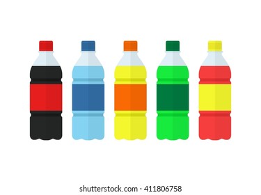 Soda, water and juice or tea bottles. Set of bottles icons. Nature drinks in flat style isolated on white background. Soda vector illustration