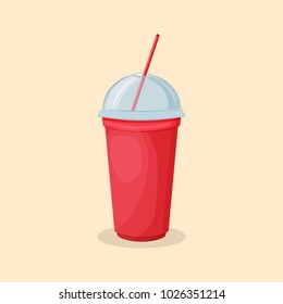 Soda water in a red cup with a straw and a transparent lid - cute cartoon colored picture of sweet drink. Graphic design elements for menu, advertising, poster. Vector illustration of beverage
