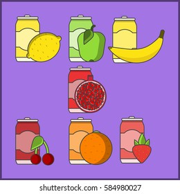 soda,aerated water with fruit taste, drink in a bottle,lemon, pomegranate, orange, apple, strawberry, banana, cherry, berry,vector image, flat design, outline style