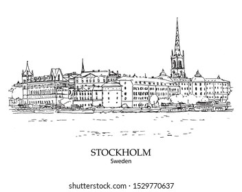 SODERMALM, STOCKHOLM, SWEDEN: Panoramic view to waterfront. Hand drawn sketch. Poster, postcard.