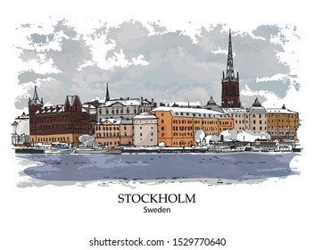 SODERMALM, STOCKHOLM, SWEDEN: Panoramic view to waterfront. Hand drawn sketch. Poster, postcard.