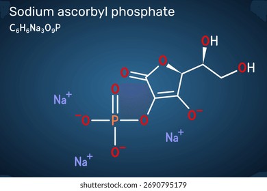 Fosfato sódico de ascorbilo, molécula SAP Derivado de vitamina C estável para cuidados da pele, antioxidante, suporte de colágeno, anti-acne, ativo cosmético solúvel em água. Fundo azul escuro. Ilustração vetorial