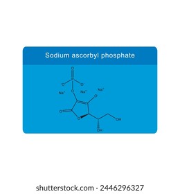 Sodium ascorbyl phosphate skeletal structure diagram.Vitamin C derivative compound molecule scientific illustration on blue background.
