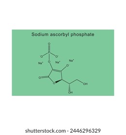 Sodium ascorbyl phosphate skeletal structure diagram.Vitamin C derivative compound molecule scientific illustration on green background.
