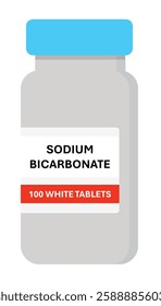 Sodium bicarbonate oral tablet, plastic white medicine container with 100 white tablets isolated on white background. Vector. It is a drug used to treat metabolic acidosis.