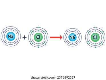 Ilustración de la formación de cloruro sódico. Reacción de sodio con cloro. Imagen vectorial. 