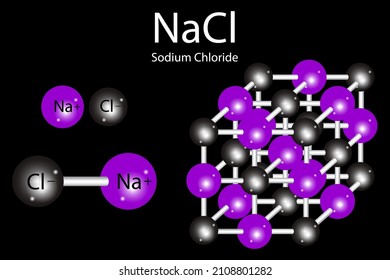 Estructura molecular de cloruro sódico. Fórmula esquelética de NaCl. Arte científico. Fondo negro. Ilustración vectorial. Imagen de archivo. 