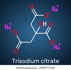 Sodium citrate, trisodium citrate molecule. Food additive, anticoagulant. Structural chemical formula, dark blue background. Vector illustration