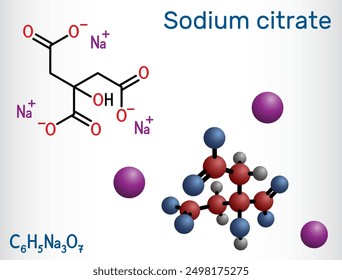 Sodium citrate, trisodium citrate molecule. Food additive, anticoagulant. Structural chemical formula, molecule model. Vector illustration