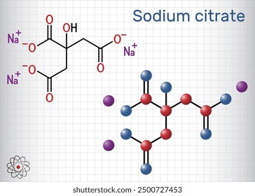 Sodium citrate, trisodium citrate molecule. Food additive, anticoagulant. Structural formula, molecule model. Sheet of paper in a cage. Vector illustration