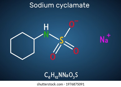 Sodium cyclamate molecule. Cyclamate is an artificial sweetener, food additive E952 . Structural chemical formula on the dark blue background. Vector illustration