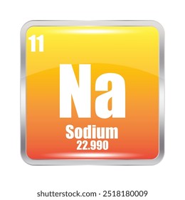 Sodium element. Symbol Na. Atomic number 11. Atomic mass 22.990. Yellow square.