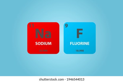 Natriumfluorid-NaF-Molekül. Einfache molekulare Formel bestehend aus Natrium, Fluor, Elementen. Chemische Verbindung vereinfachte Struktur auf blauem Hintergrund, für Chemieunterricht
