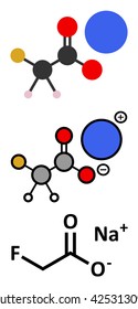 Sodium Fluoroacetate Pesticide (1080), Chemical Structure. Stylized 2D Renderings And Conventional Skeletal Formula.