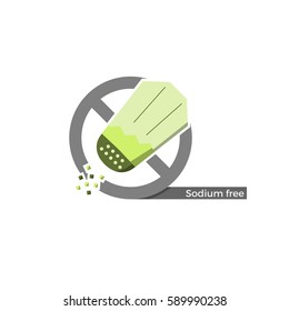 Sodium free food label. Vector illustration in flat design and eco-style colors. Icon of a salt cellar, crossed by "no"-symbol. 