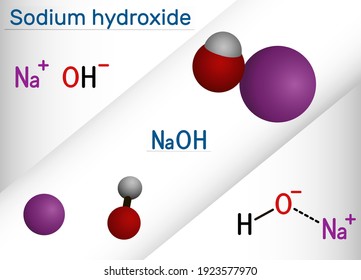 Sodium hydroxide, caustic soda, lye molecule. NaOH is highly caustic base and alkali, ionic compound. Structural chemical formula and molecule model. Vector illustration